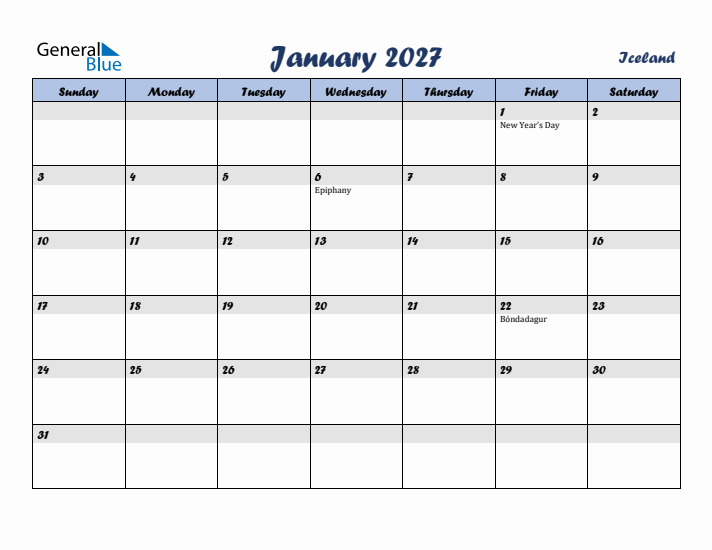 January 2027 Calendar with Holidays in Iceland
