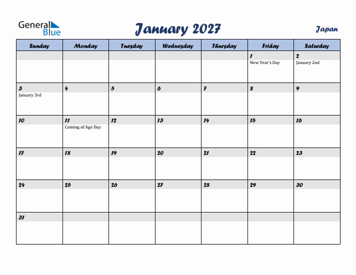 January 2027 Calendar with Holidays in Japan