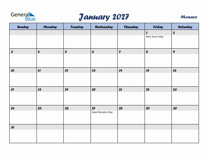 January 2027 Calendar with Holidays in Monaco