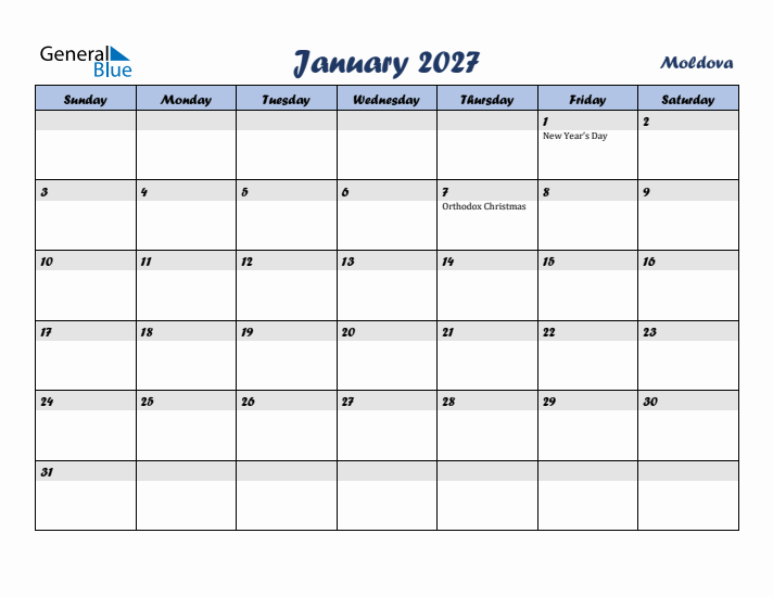 January 2027 Calendar with Holidays in Moldova