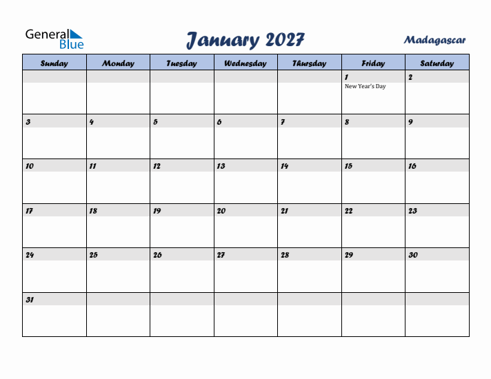 January 2027 Calendar with Holidays in Madagascar