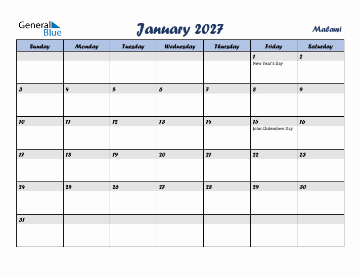 January 2027 Calendar with Holidays in Malawi