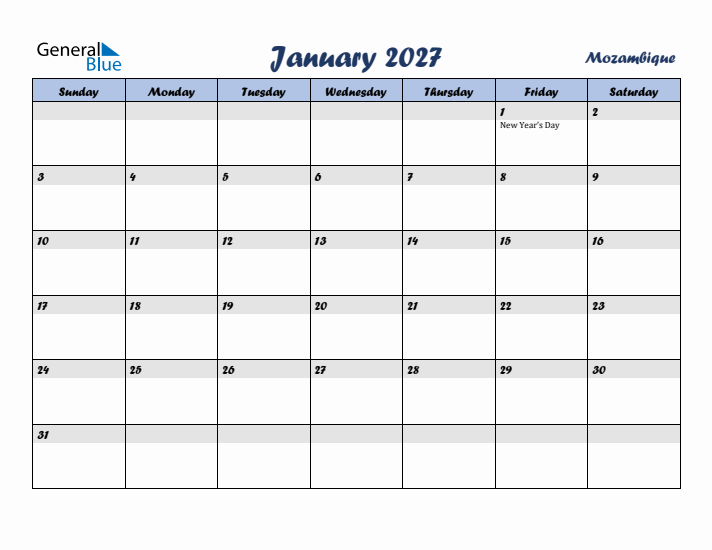 January 2027 Calendar with Holidays in Mozambique