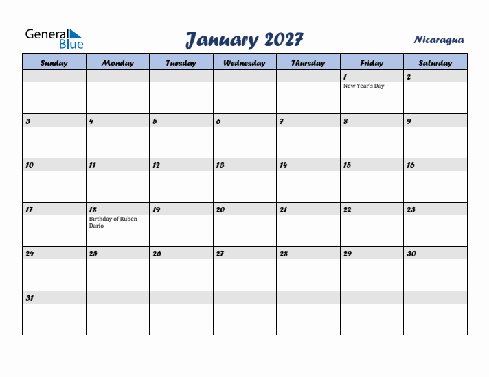 January 2027 Calendar with Holidays in Nicaragua