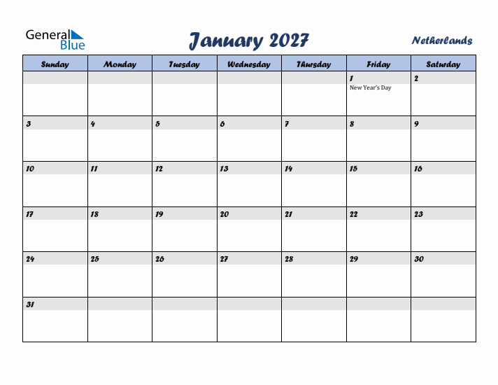 January 2027 Calendar with Holidays in The Netherlands