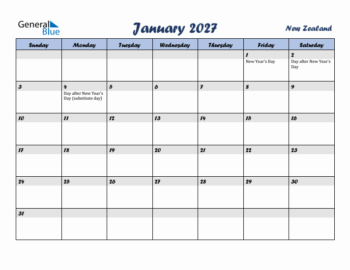 January 2027 Calendar with Holidays in New Zealand
