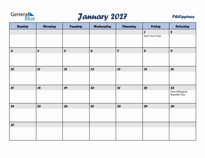 January 2027 Calendar with Holidays in Philippines