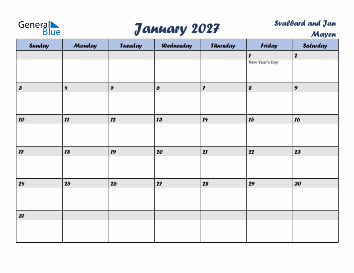 January 2027 Calendar with Holidays in Svalbard and Jan Mayen