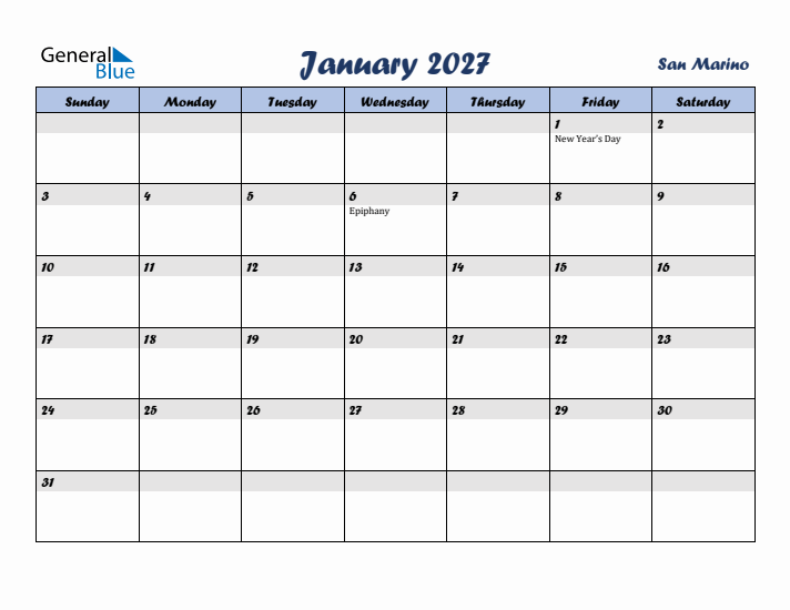 January 2027 Calendar with Holidays in San Marino