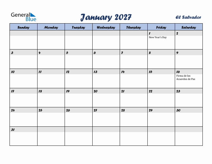 January 2027 Calendar with Holidays in El Salvador