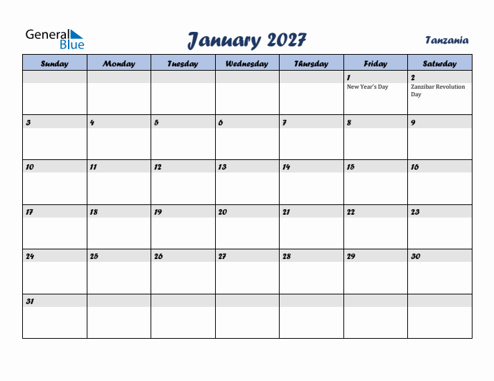 January 2027 Calendar with Holidays in Tanzania