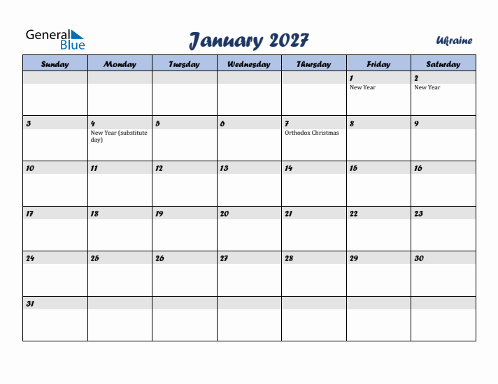 January 2027 Calendar with Holidays in Ukraine