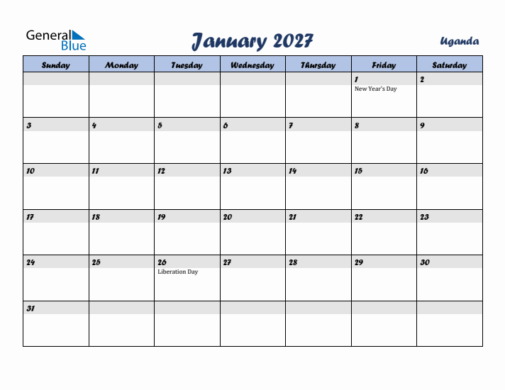 January 2027 Calendar with Holidays in Uganda