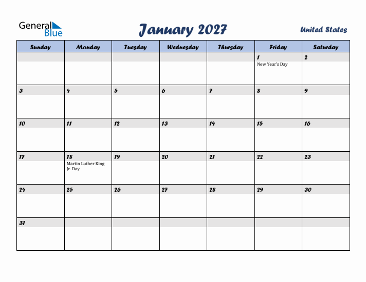 January 2027 Calendar with Holidays in United States
