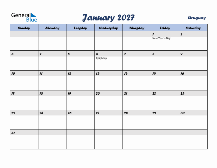 January 2027 Calendar with Holidays in Uruguay