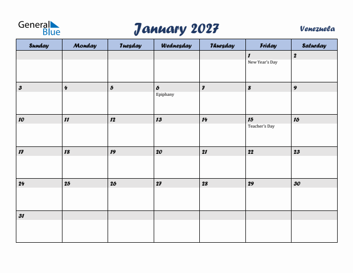 January 2027 Calendar with Holidays in Venezuela