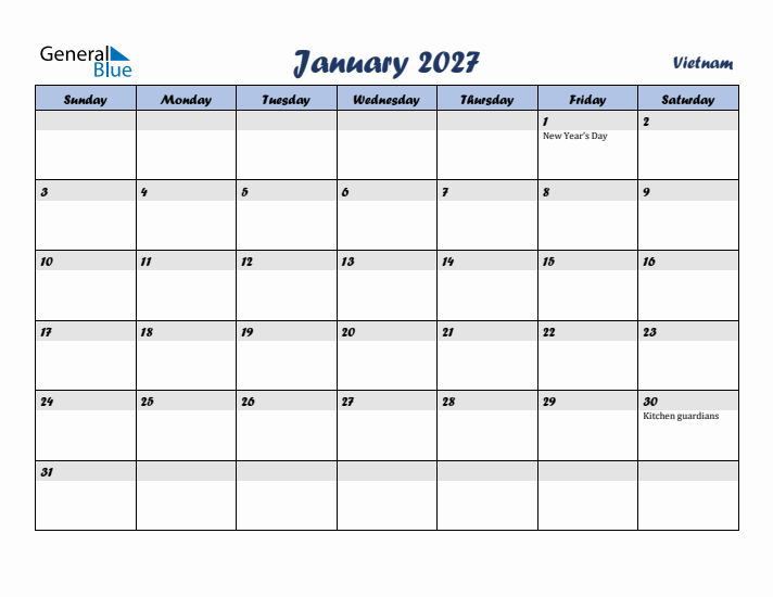 January 2027 Calendar with Holidays in Vietnam