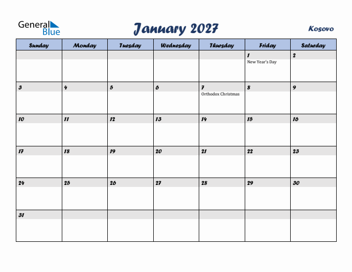 January 2027 Calendar with Holidays in Kosovo