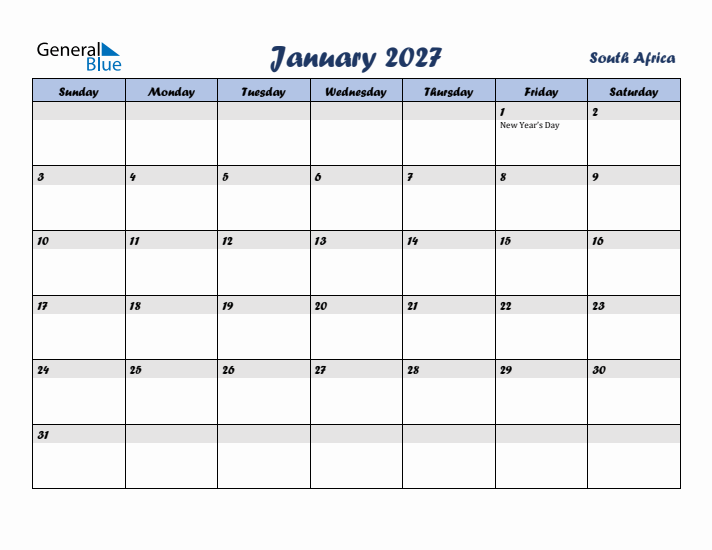 January 2027 Calendar with Holidays in South Africa