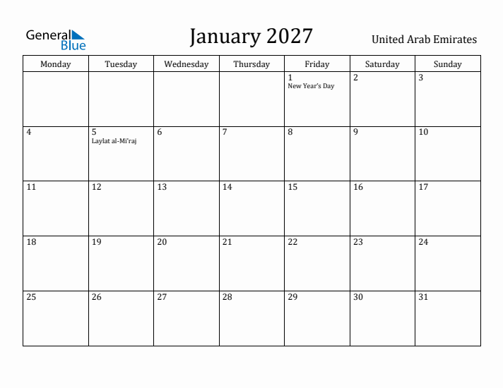 January 2027 Calendar United Arab Emirates