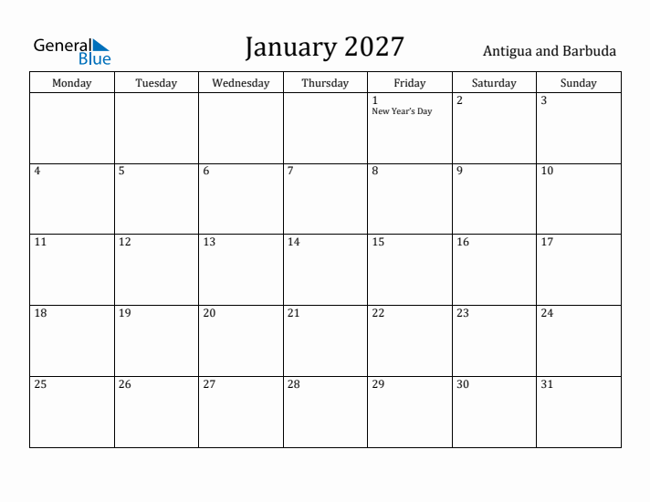 January 2027 Calendar Antigua and Barbuda