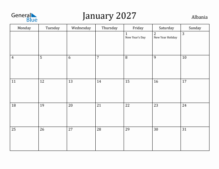 January 2027 Calendar Albania