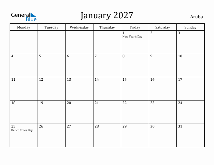 January 2027 Calendar Aruba