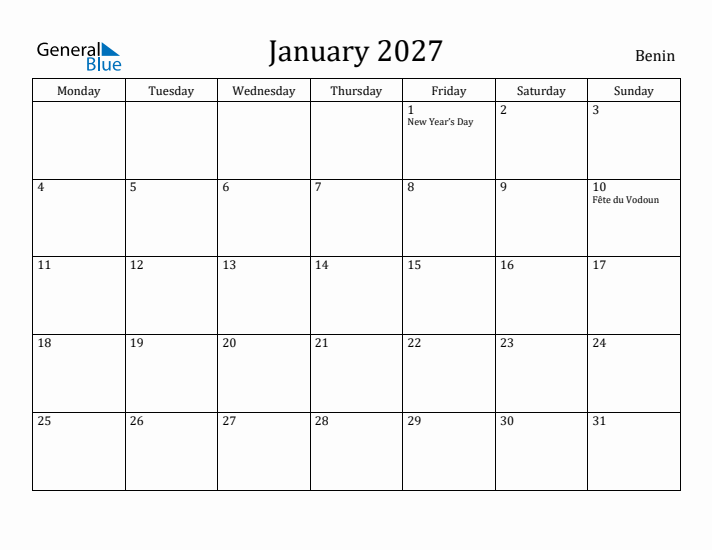 January 2027 Calendar Benin
