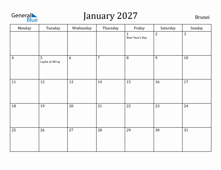 January 2027 Calendar Brunei