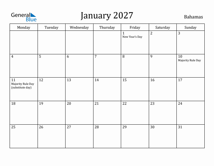 January 2027 Calendar Bahamas