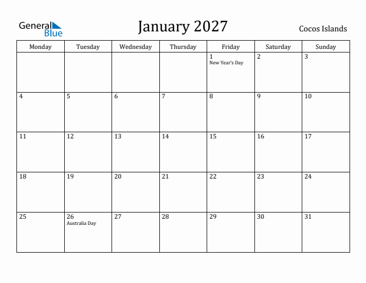 January 2027 Calendar Cocos Islands