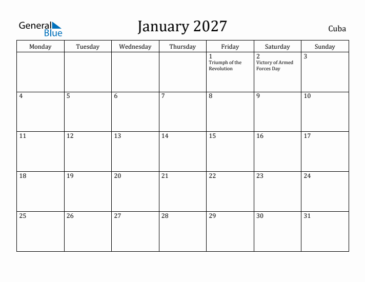 January 2027 Calendar Cuba