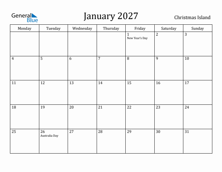 January 2027 Calendar Christmas Island