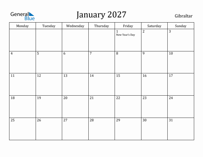 January 2027 Calendar Gibraltar