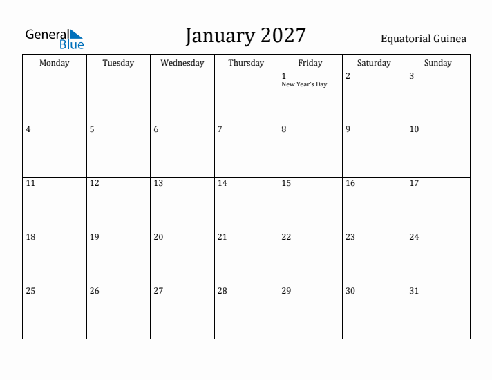 January 2027 Calendar Equatorial Guinea