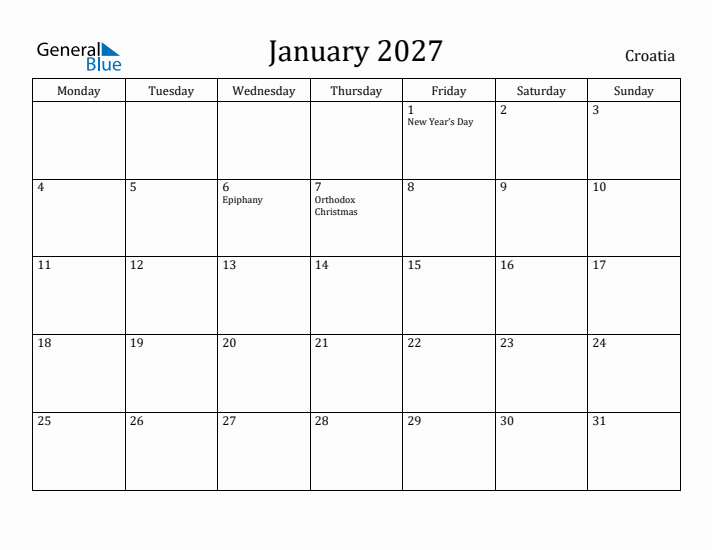 January 2027 Calendar Croatia