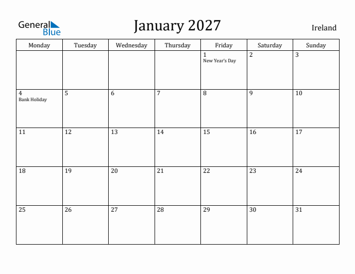 January 2027 Calendar Ireland