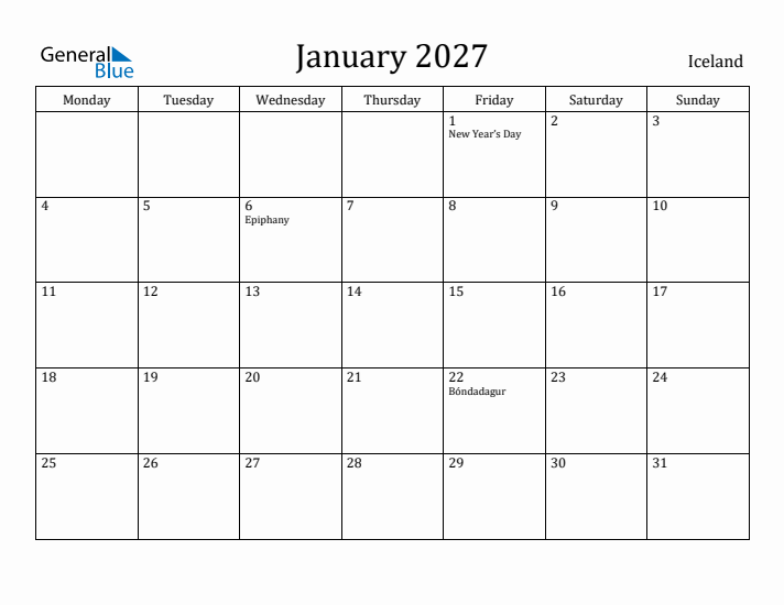 January 2027 Calendar Iceland