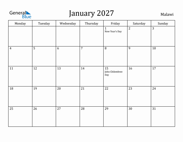 January 2027 Calendar Malawi