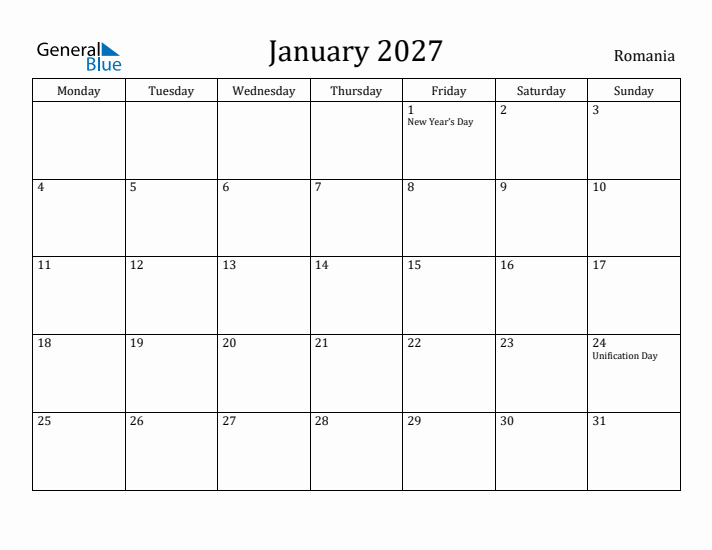 January 2027 Calendar Romania