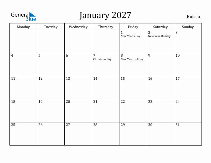 January 2027 Calendar Russia