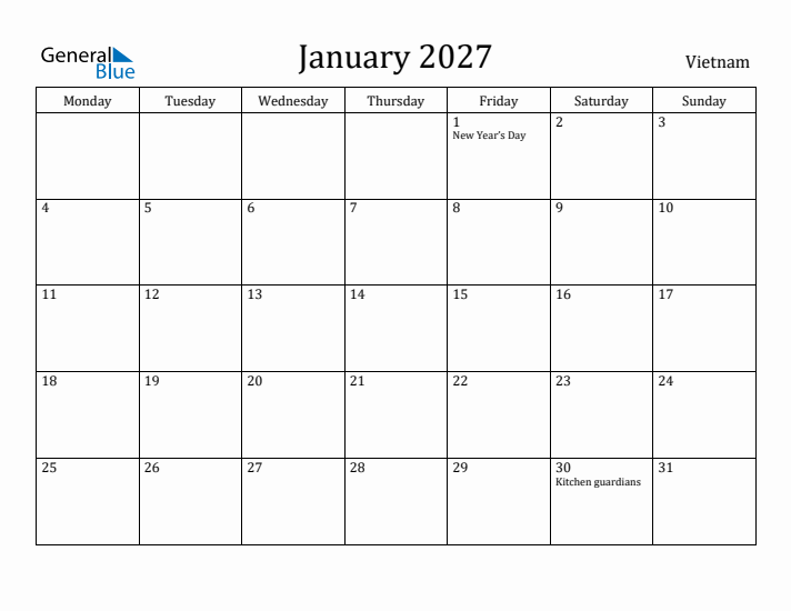 January 2027 Calendar Vietnam