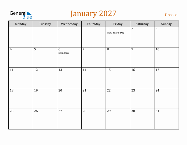 January 2027 Holiday Calendar with Monday Start