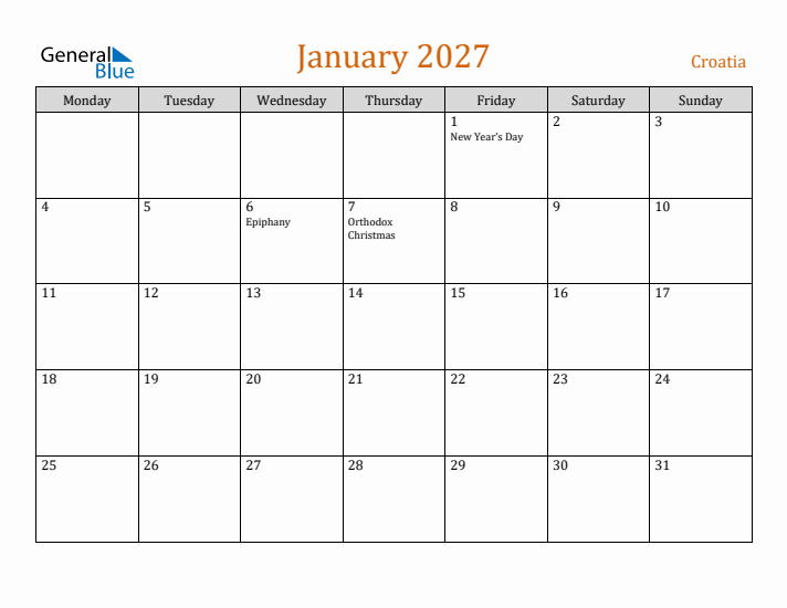 January 2027 Holiday Calendar with Monday Start