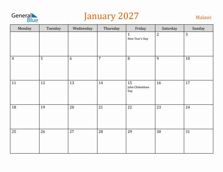 January 2027 Holiday Calendar with Monday Start