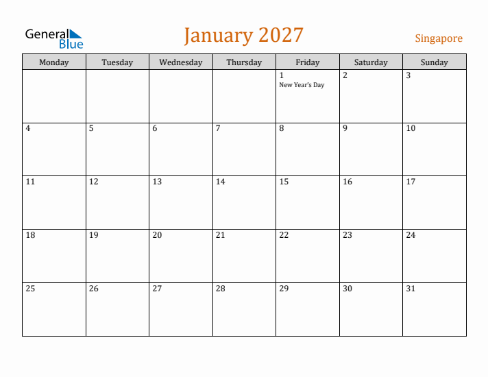 January 2027 Holiday Calendar with Monday Start