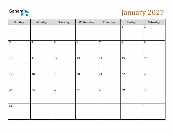 Editable January 2027 Calendar