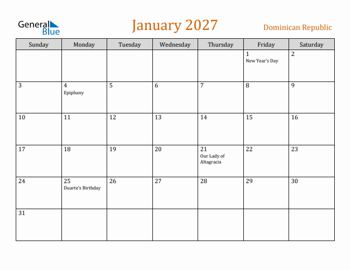 January 2027 Holiday Calendar with Sunday Start