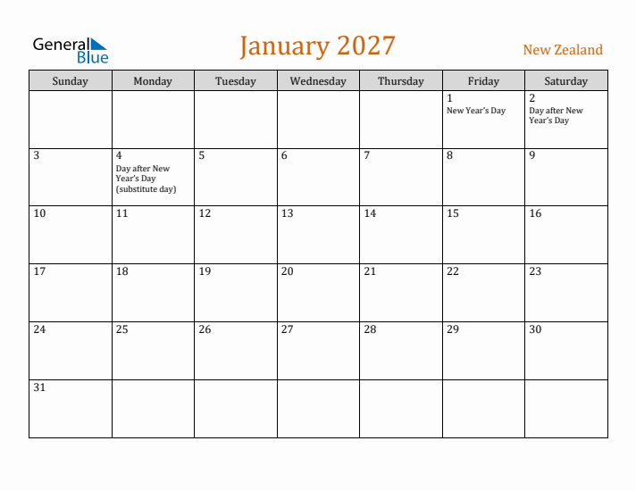 January 2027 Holiday Calendar with Sunday Start