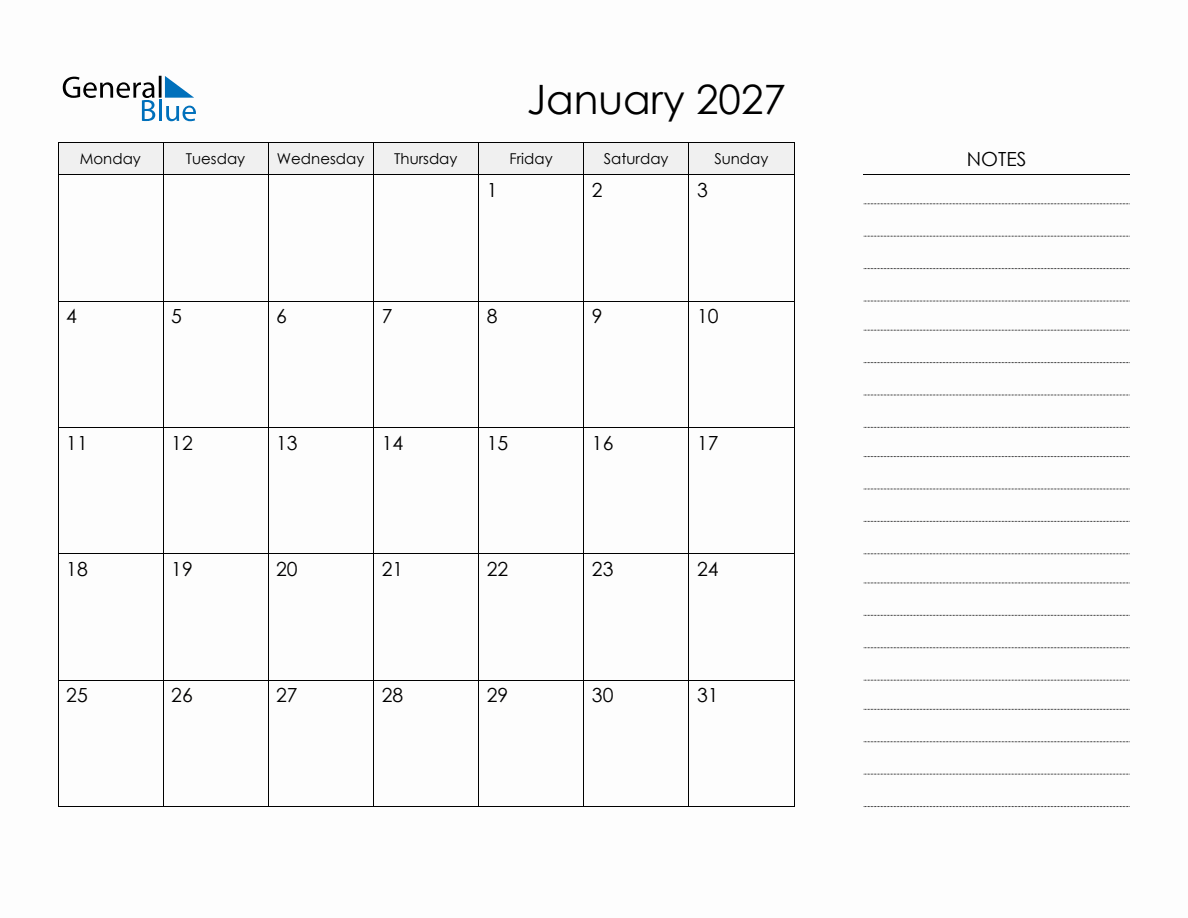 Printable Monthly Calendar with Notes - January 2027